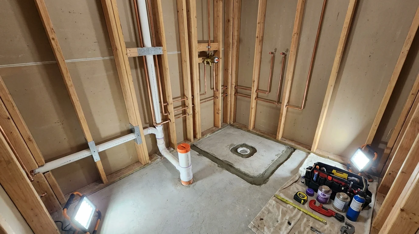 Bathroom rough-in plumbing during remodel by Johns Plumbing LLC in Taylorville