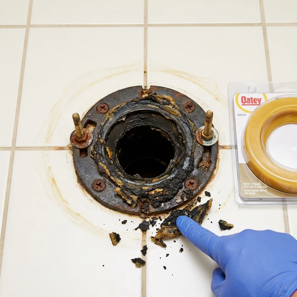 Failed wax ring showing water seepage at the base of a toilet in a Taylorville, IL home