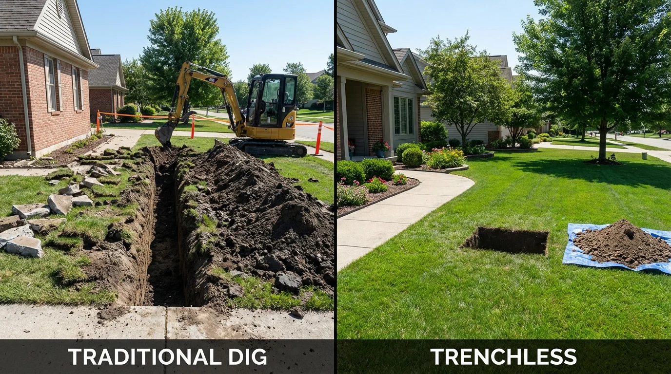 Trenchless sewer repair with minimal yard damage versus traditional excavation in Taylorville, IL