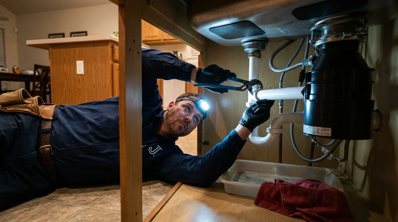 P-trap and supply line connections under a kitchen sink showing a common leak point in Taylorville, IL